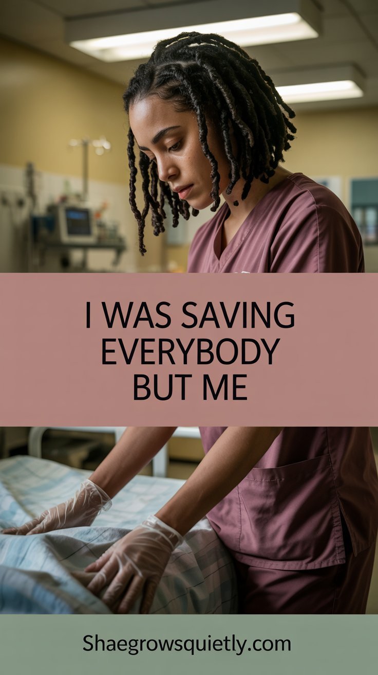A quiet moment of an emotionally exhausted Black woman in scrubs caring for a patient in a hospital, embodying burnout in the caregiving profession.