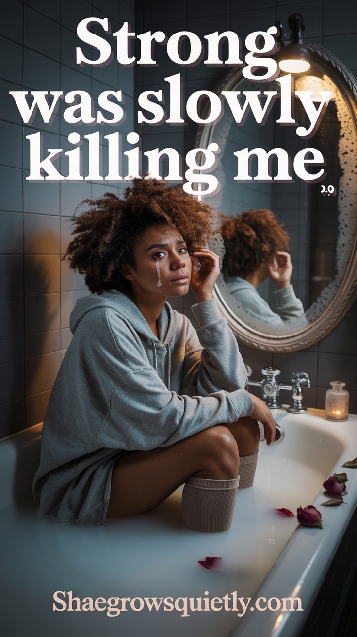 A powerful image of a Black woman sitting in a dim bathroom, visibly worn and emotionally drained, symbolizing the quiet collapse beneath the myth of being “strong enough.”