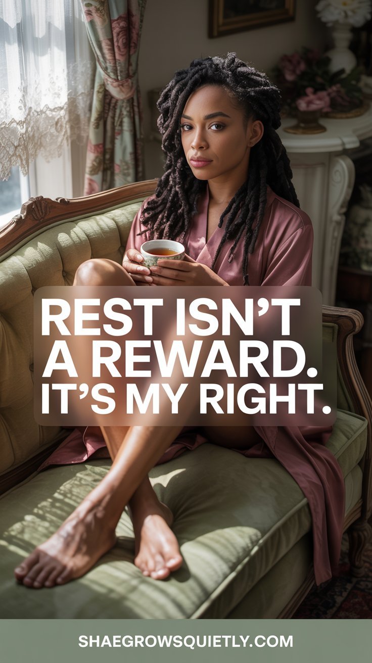 A poetic image of a Black woman in a sunlit Southern room, cautiously embracing rest as part of her emotional healing after burnout.