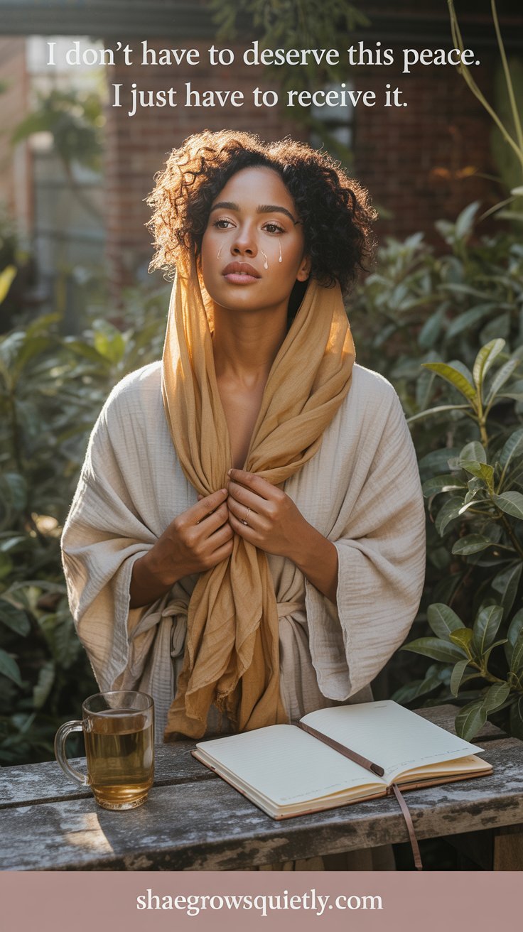 A serene portrait of a Black woman in a quiet garden, symbolizing the moment she accepts she doesn't have to earn her emotional healing after burnout.
