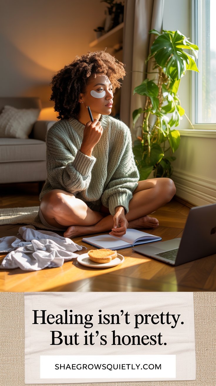 A grounded lifestyle scene showing a Black woman healing emotionally after burnout in her real-life space—messy, soft, and sincere.