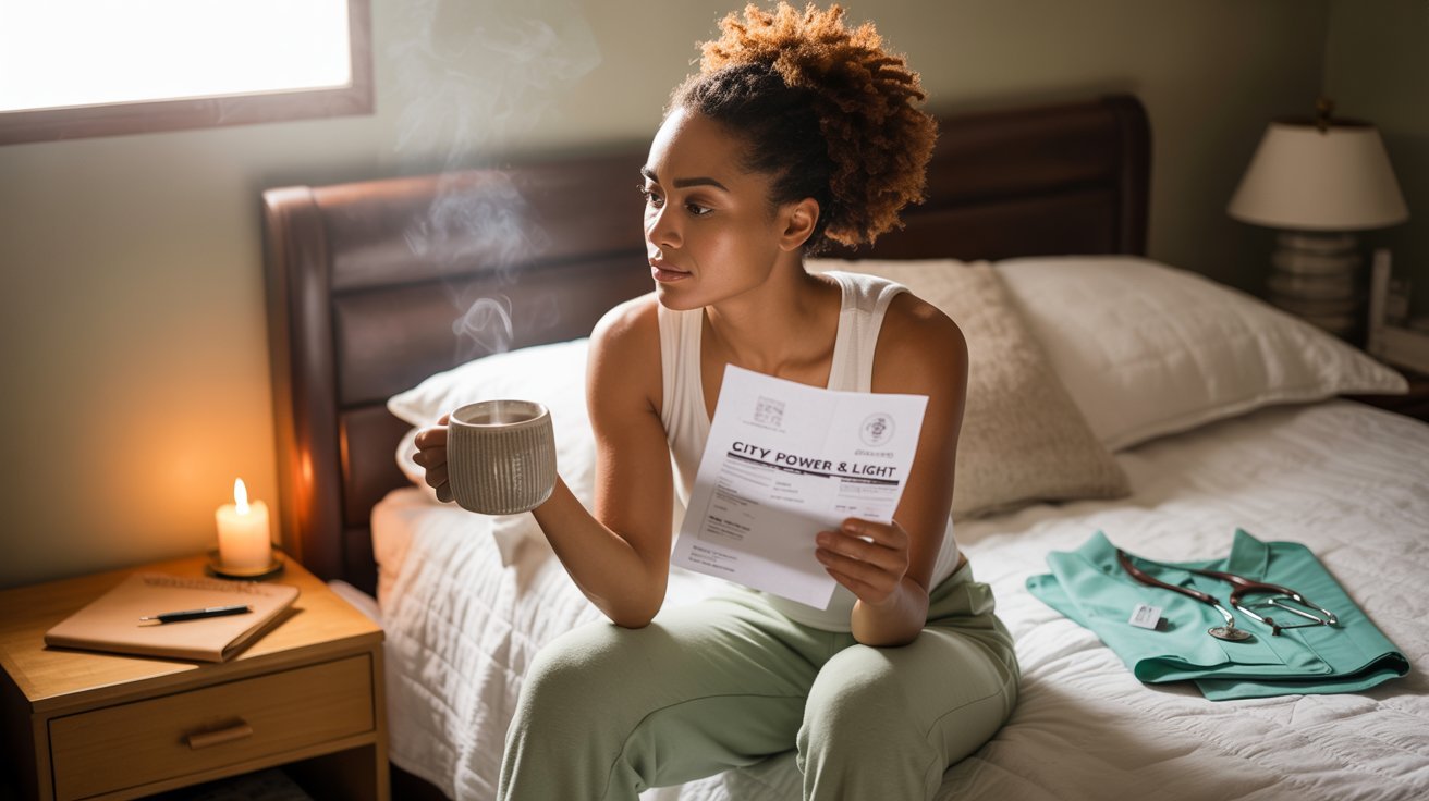 A cinematic photo of a beautiful Black woman reflecting on emotional healing after burnout while working full-time. She sits in a soft-lit bedroom, surrounded by symbols of survival and self-care.