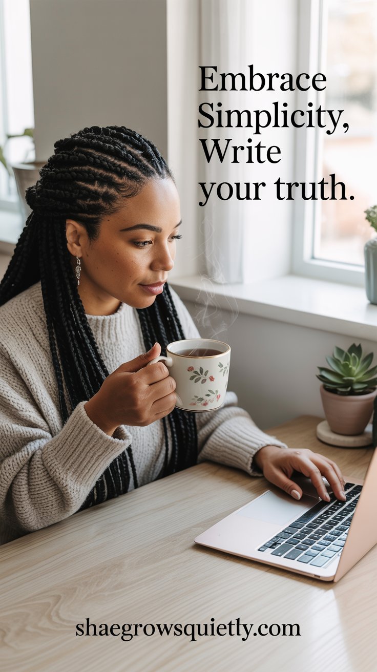 A serene workspace with a Black woman with Fulani braids simplifying her blogging setup, emphasizing ease and authenticity.