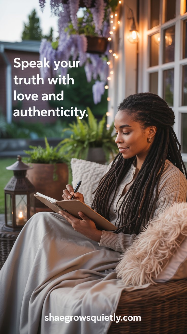 A Black woman with dreadlocks writing on a porch, capturing personal truth and storytelling in a serene setting.