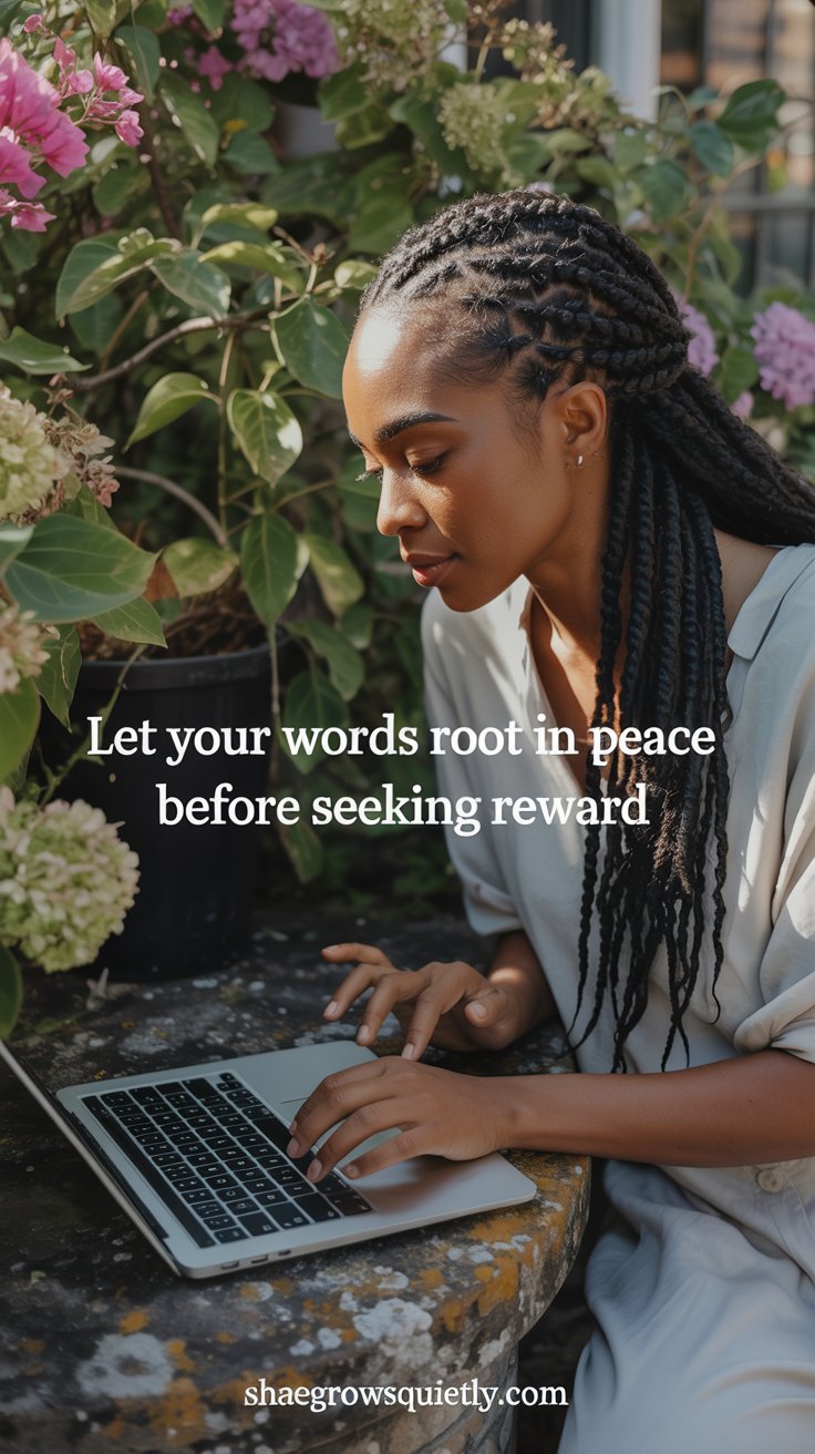 A Black woman with two-strand twists writing in a garden, symbolizing patience and growth in blogging before monetizing.