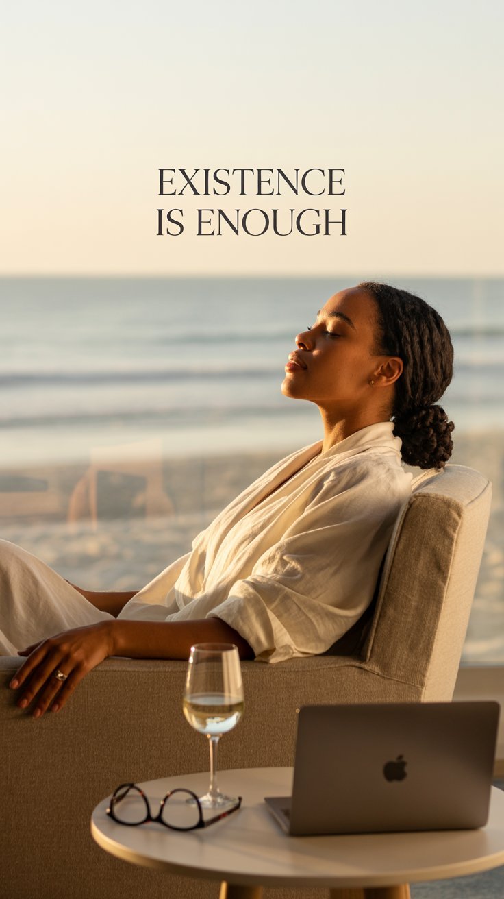 A caramel-skinned African American woman with natural curls sits in a sun-drenched living room, eyes closed, embodying rest, peace, and the realization that her mere existence is enough.