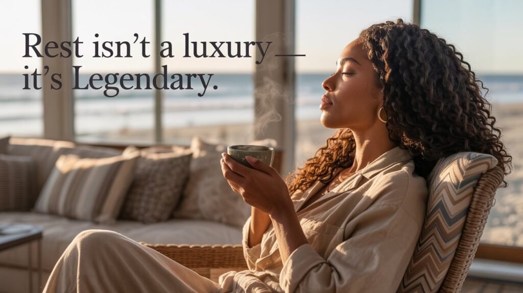 • A mahogany-skinned African American woman with loose curls sits peacefully in an armchair, holding a cup of herbal tea in a sunlit room, symbolizing the reclaiming of rest and the inherent legacy of strength.