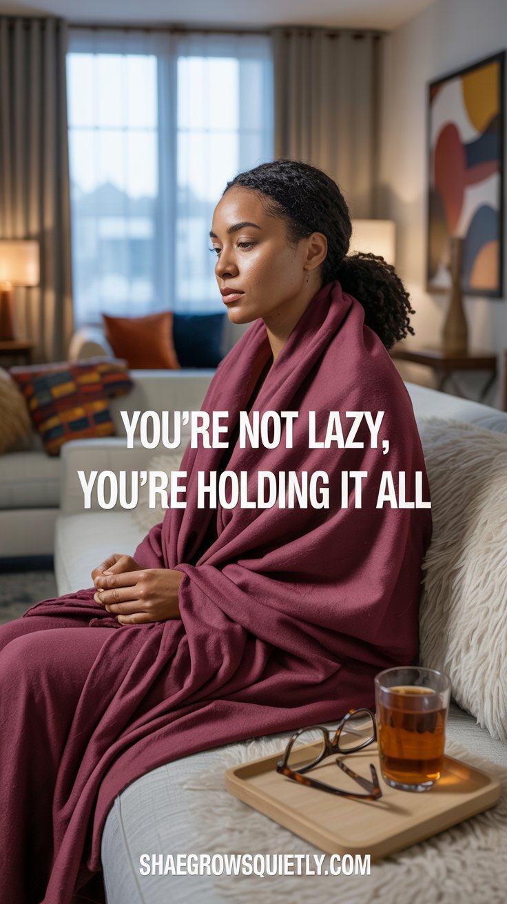 A sable-skinned African American woman with natural curls, wrapped in a shawl, sits in a culturally adorned living room holding a cup of tea. This setting captures a moment of reflection on the weight Black women carry and the misinterpretation of their fatigue as laziness.