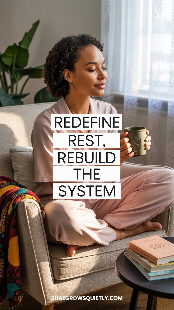 A maple-skinned African American woman with a natural fro sits in a sunlit room with cultural decor, sipping tea. This scene emphasizes the importance of creating systemic changes for genuine rest and emotional fulfillment.