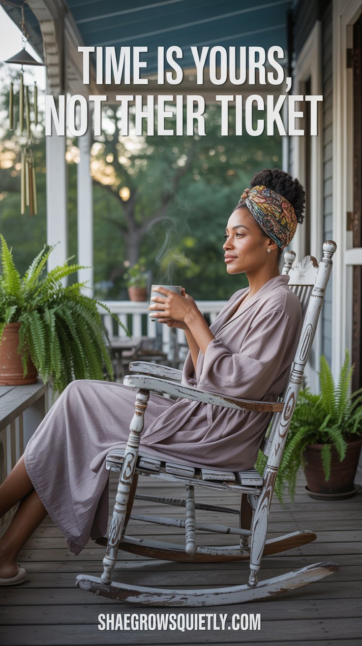 A honey-skinned African American woman with a vibrant headwrap sits on a tranquil porch, savoring a peaceful moment with coffee, symbolizing the empowerment of reclaiming personal time and setting boundaries.