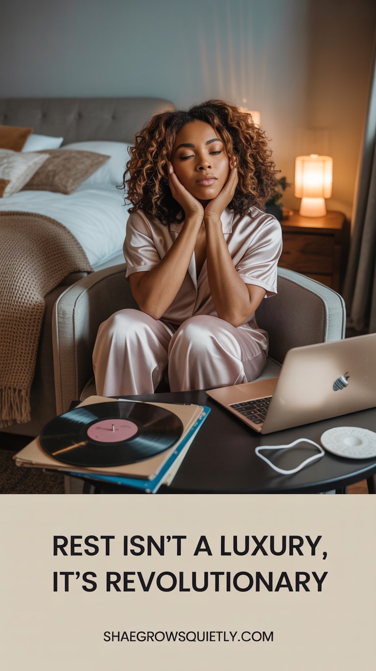 A pecan-skinned African American woman with loose curls embraces a moment of serene rest in a culturally decorated room, symbolizing the necessary shift away from hustle culture to prioritize peace and well-being.