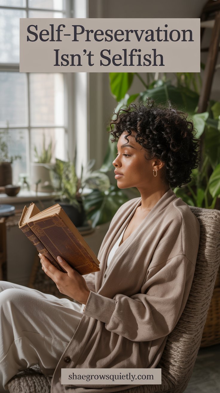 A deep ebony-skinned African American woman lies peacefully in bed with sunlight streaming through curtains, symbolizing a shift from survival mode to a life of intentional peace and fulfillment.