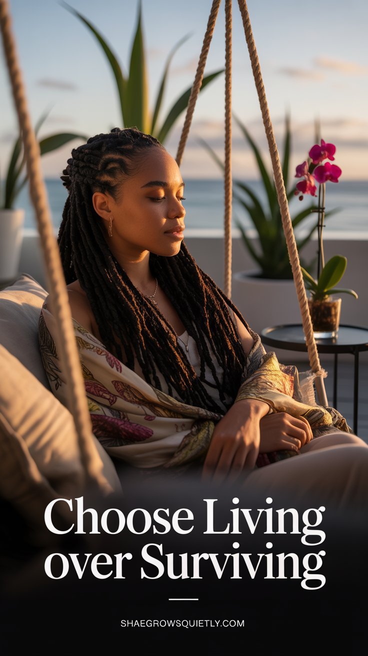 A caramel-skinned African American woman with natural curls sits in a sun-drenched living room, eyes closed, embodying rest, peace, and the realization that her mere existence is enough.