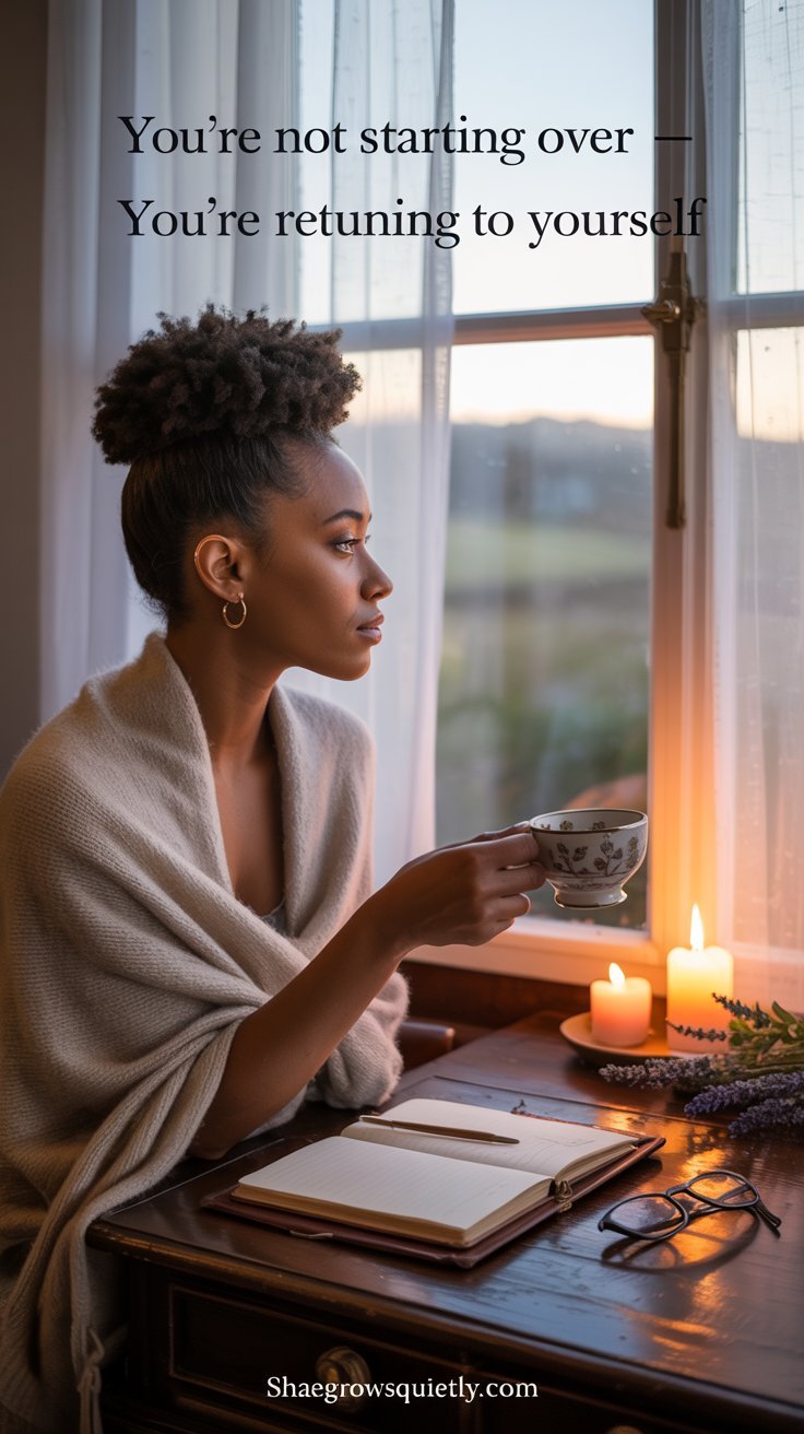 Photorealistic image of an espresso-skinned Black woman sitting at a writing desk at sunset with a journal and tea, reflecting in soft silence — capturing emotional healing after burnout through quiet return and closure.