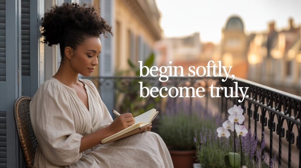 Visualize a calming morning scene with a Black woman with a curly puff hairstyle sitting on a balcony, early sun lighting her surroundings as she writes in a journal, representing introspective beginnings.